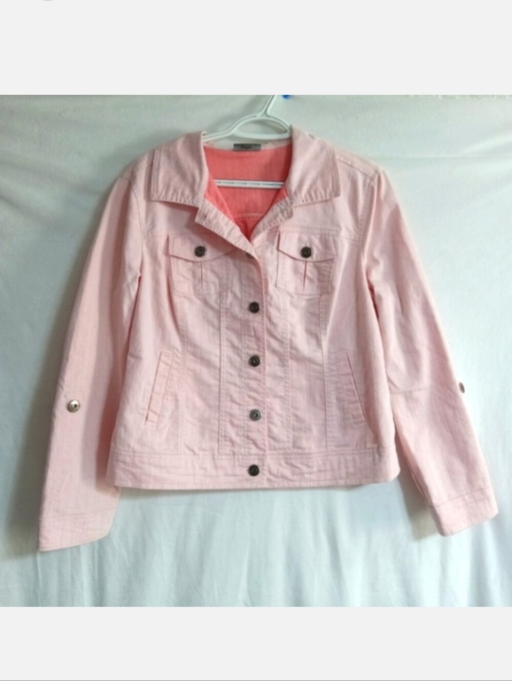 NEW! Stretch Roz & Ali Pink Denim Jean Jacket Pastel Baby Pink Medium $50